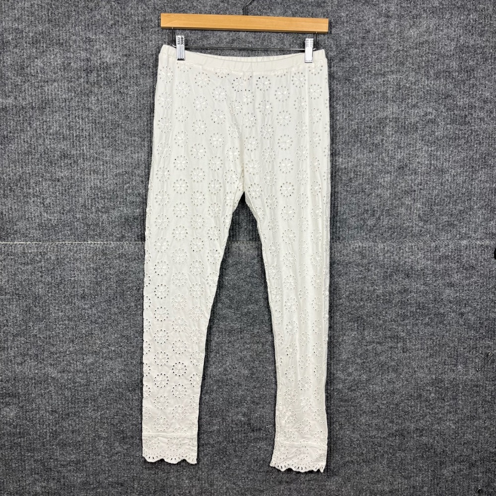 Johnny Was Stretch Tonal Eyelet Cotton Leggings Womens S Scallop Hem Boho Dainty